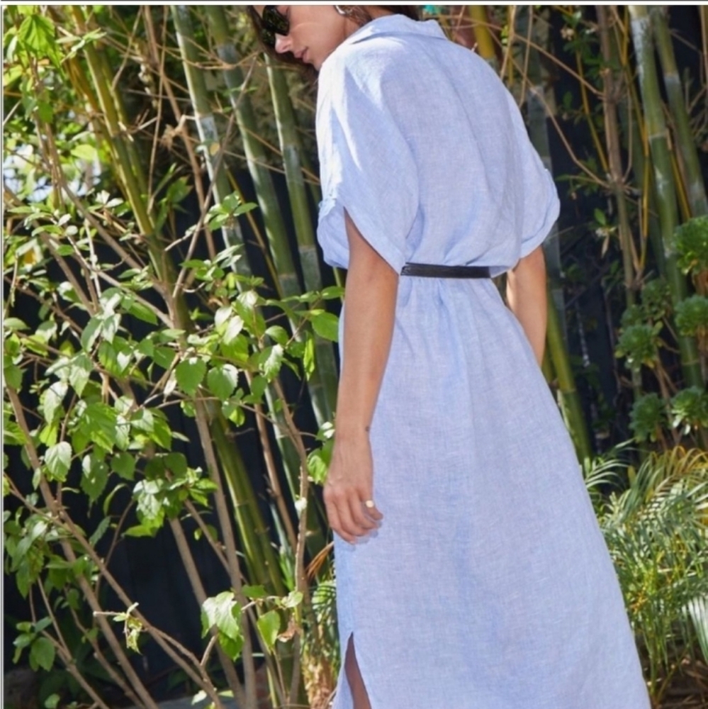 Frank & Eileen Light Blue Linen Relaxed Midi Shirt Dress - Picture 2 of 6